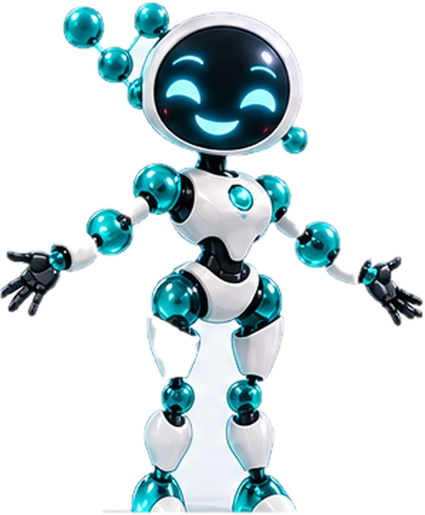 Molly Cule, a teal and white robot made of molecules, waving